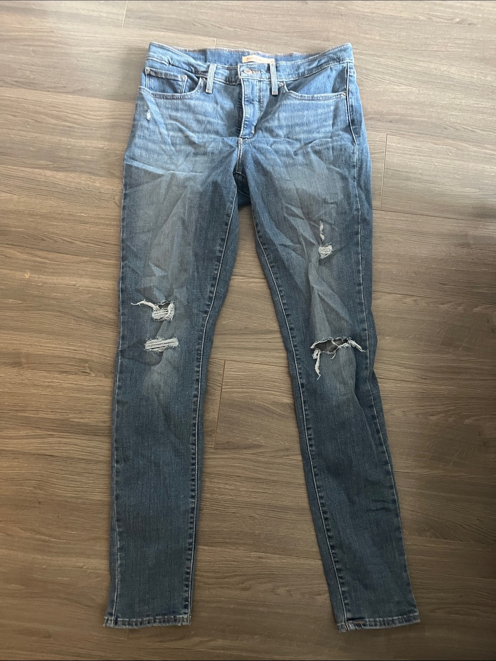 High-Rise Distressed Skinny Jeans in Blue Wash